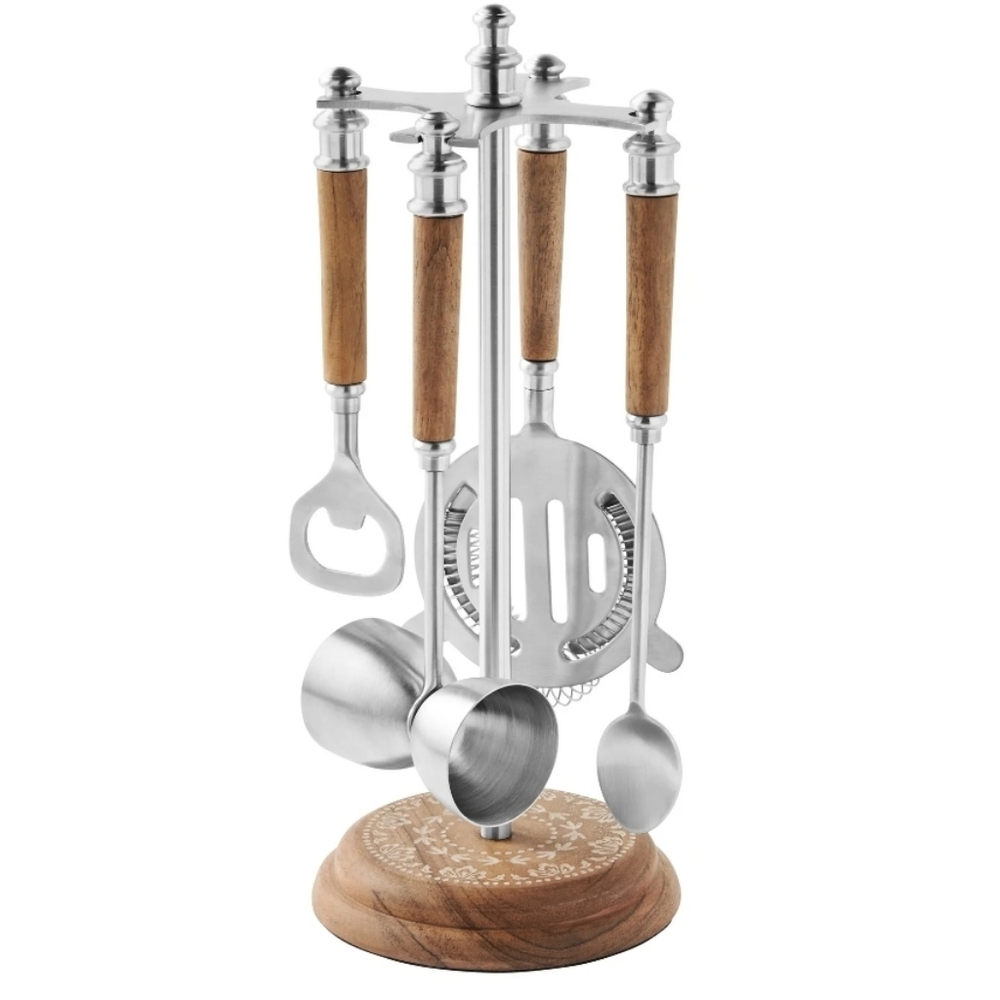 ❤️ 2025 Pioneer Woman Stainless Steel 5 Piece Wood Bar Tool Set & Storage Stand